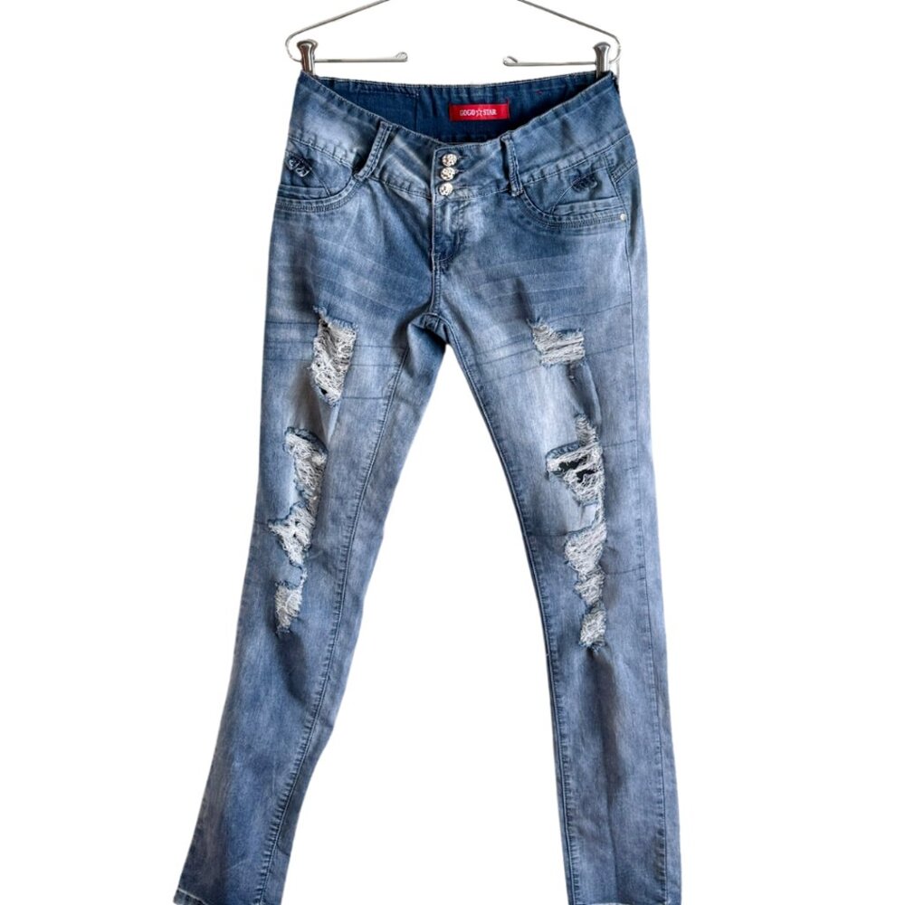 GoGo Star Stretch Jeans | Mid-Rise Straight Fit | Distressed SZ:9